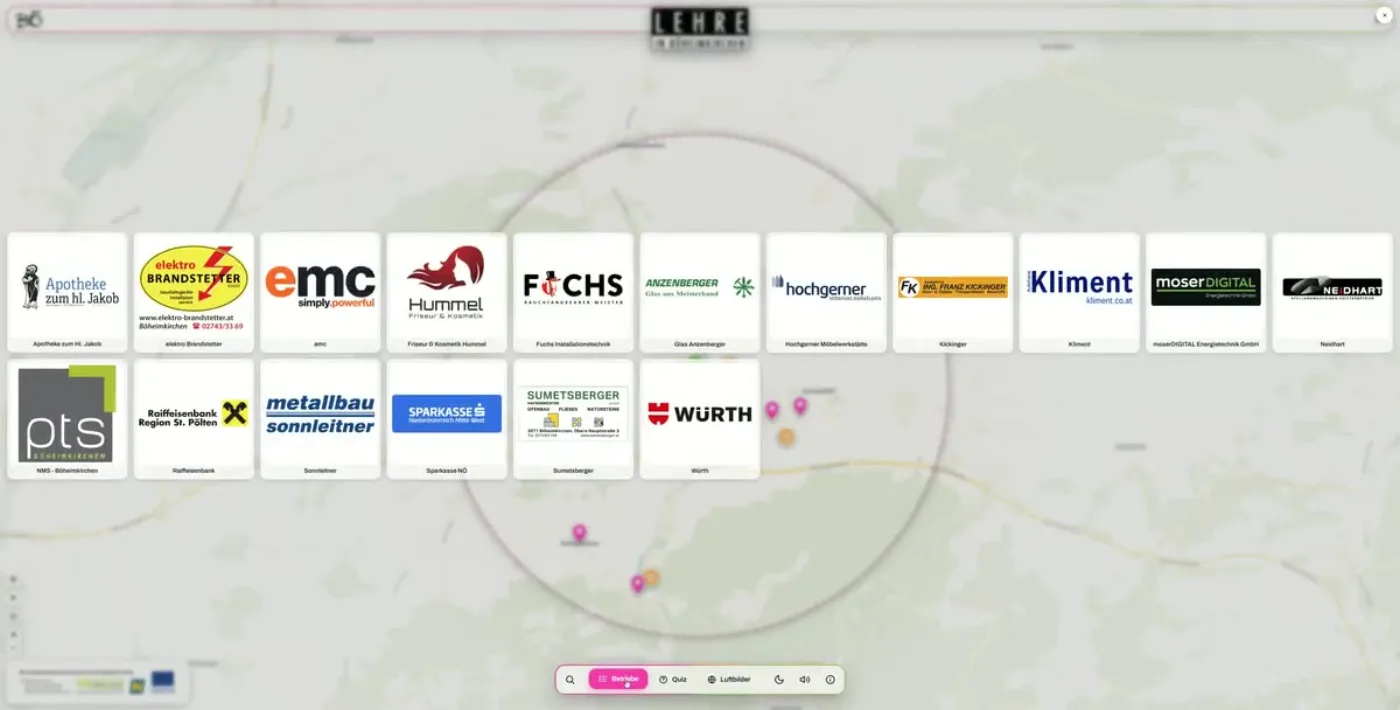 Die Logos aller beteiligten Betriebe erscheinen nacheinander über der Ortskarte