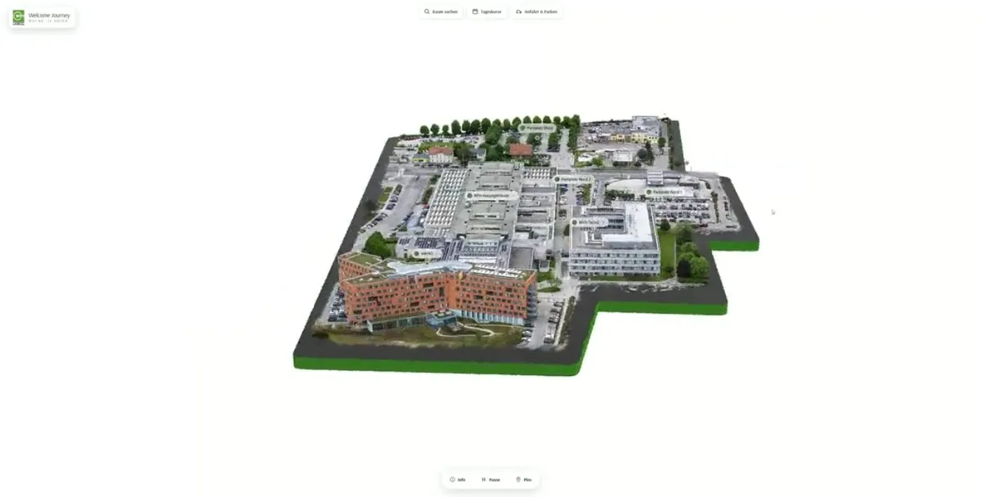 Der Campus einer Bildungseinrichtung als dreidimensionales Modell, das sich langsam dreht